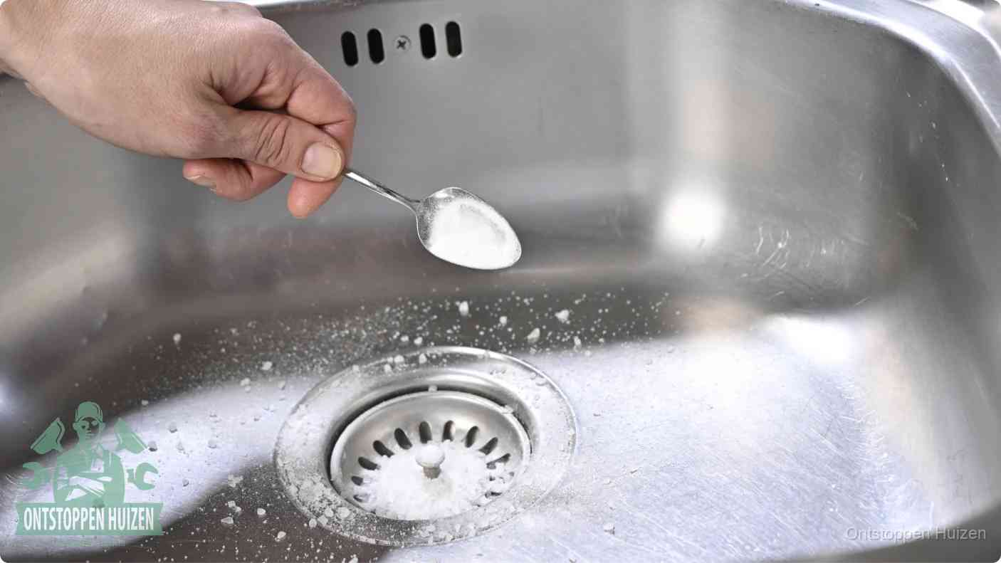Een hand strooit met een lepel soda in de afvoer van een roestvrijstalen spoelbak, de soda en azijn huismiddel-methode om de afvoer te ontstoppen in Huizen