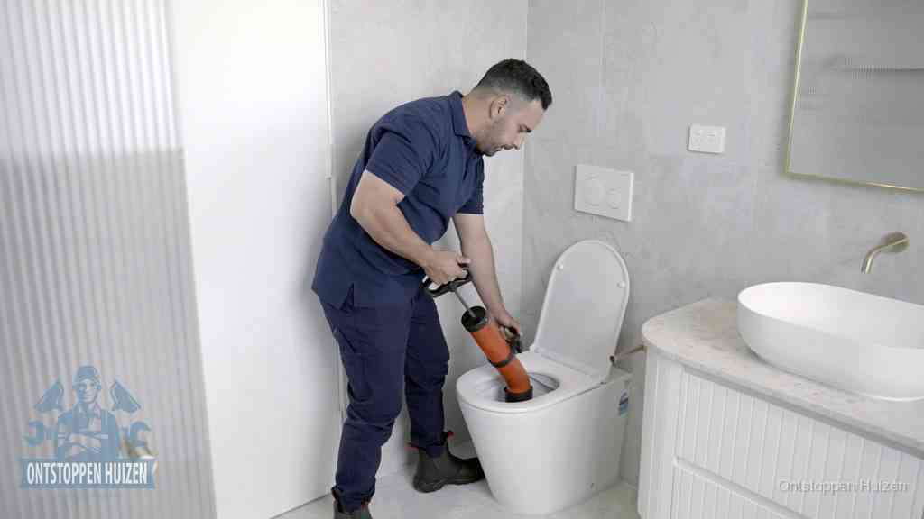 Een monteur buigt over een wandcloset en duwt met de hand een persluchtontstopper in de toiletpot om de verstopping handmatig los te maken in Huizen