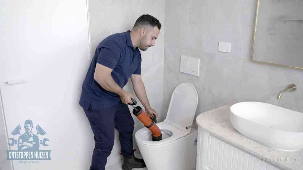 Een monteur gebruikt een handmatige perspomp (toiletontstopper) op een wandcloset tijdens het professioneel wc ontstoppen in Huizen